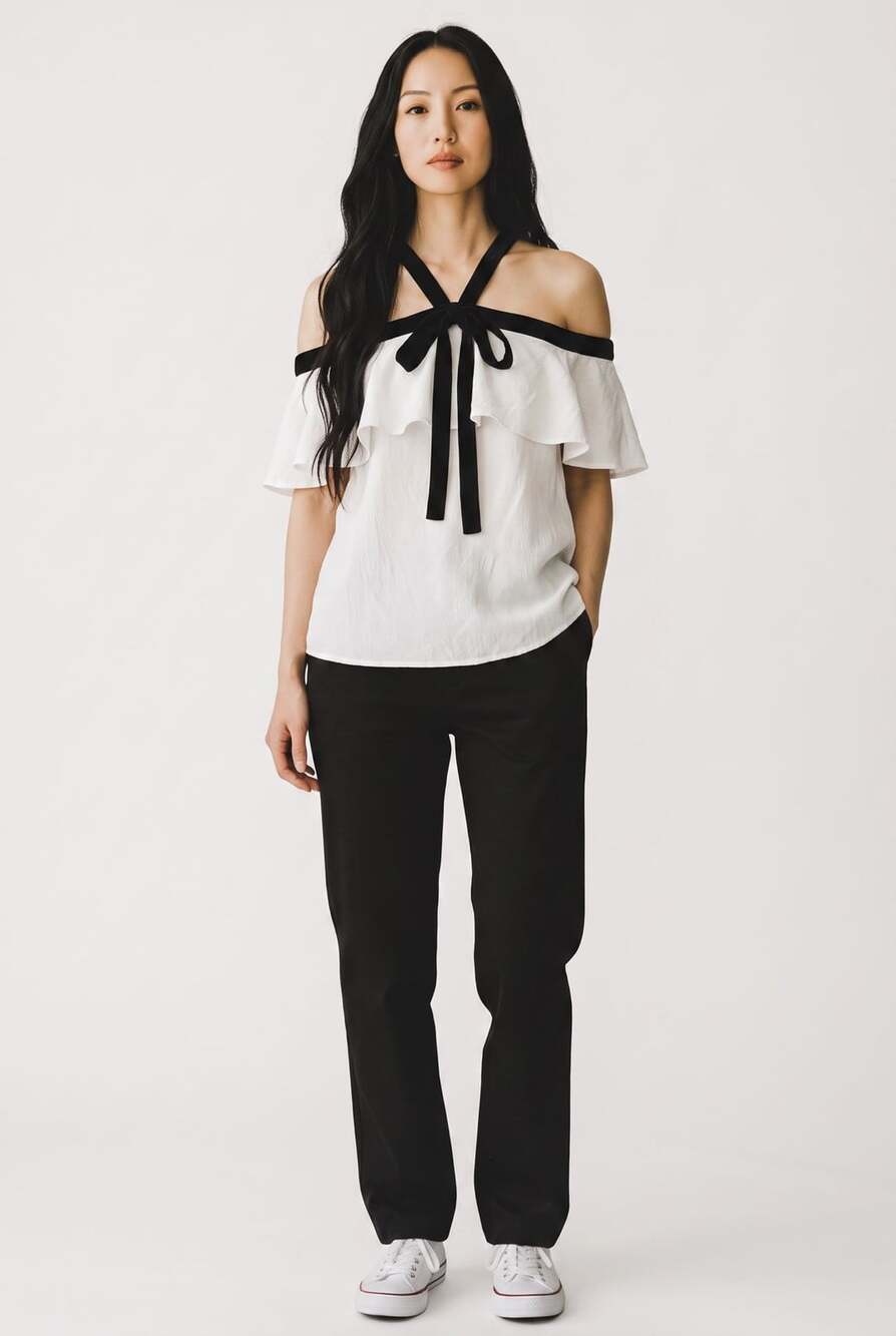 Zara White Off-The-Shoulder Ruffle Top with Black Velvet Bow Halter Straps  XS